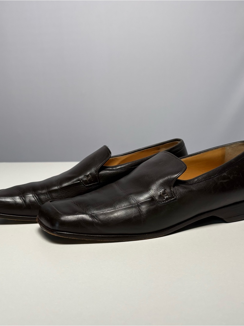 Hermes Vintage Men’s Square Toe Slip On Leather Loafers Brown Size US10 IT40